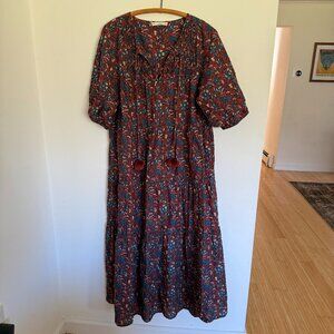 Mango MNG Boho Floral Midi Dress Size S Red Blue Tassel Puff Sleeve